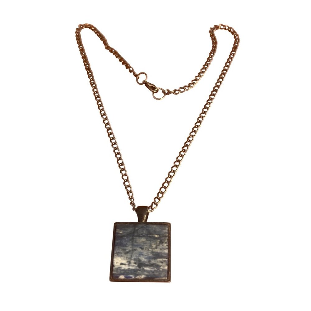 Vintage Square Marble Effect Pendant Necklace Black Chain Minimalist Estate 18"